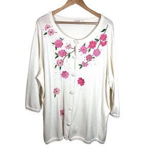 Spense White Floral Embroidered Cardigan Size 2X
